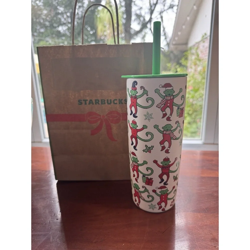 Starbucks x Roller Rabbit Christmas 2025 Monkey Green + Red Cup NWT -2 Available
